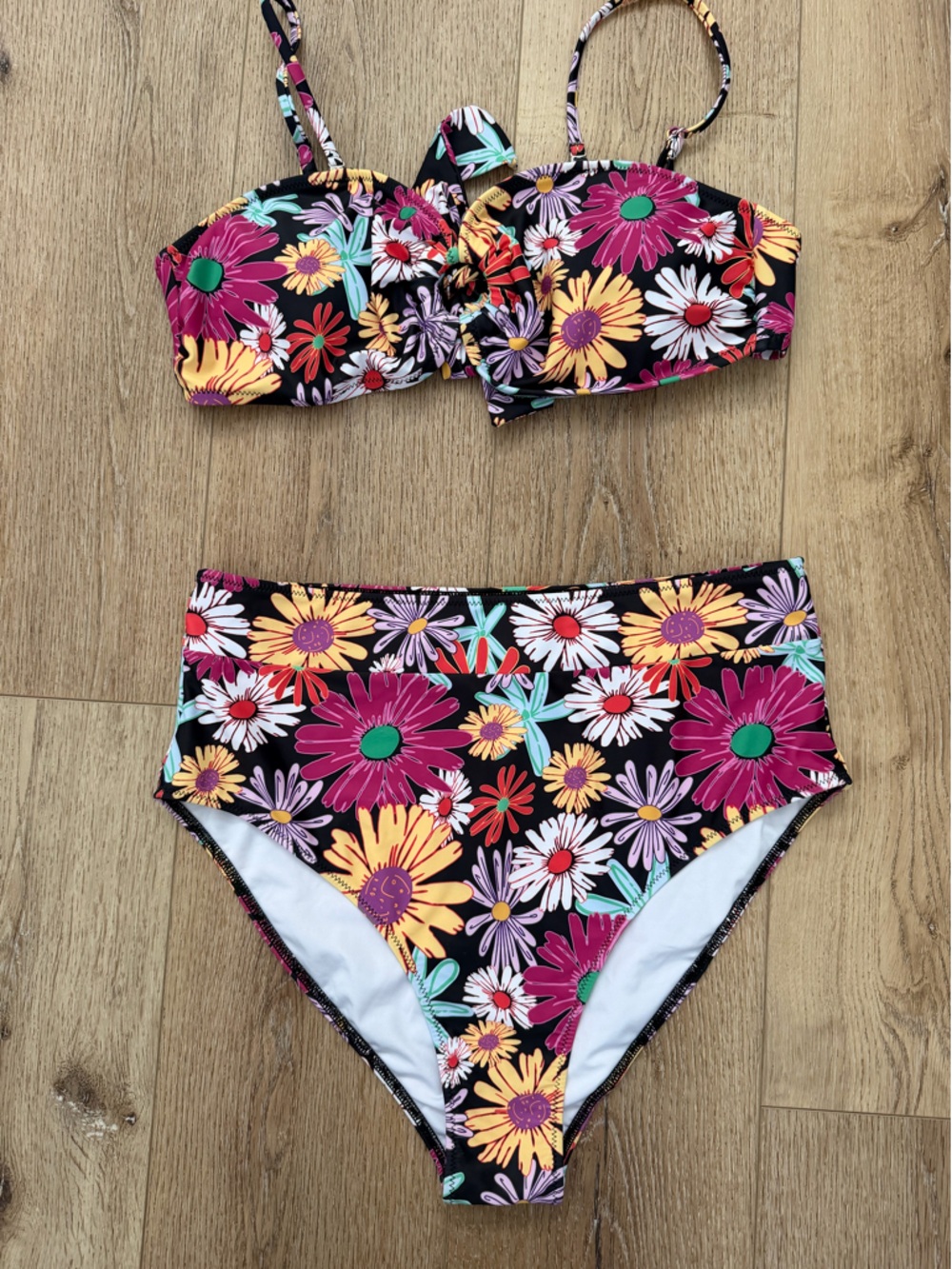 Floral High-Waist Bikini Set - Black with Pink & Yellow Flowers